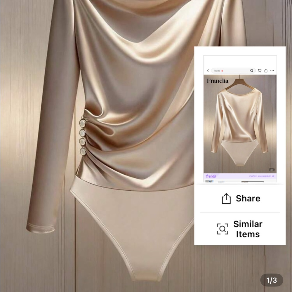 SHEIN Champagne Satin Bodysuit | Off Shoulder Draped Top